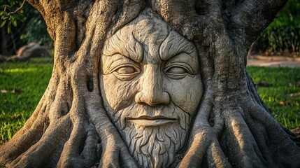 Obraz premium A stone face is carved into the trunk of a tree