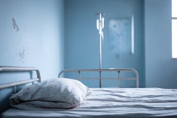 Clean hospital room with single bed, soft light, minimalistic de