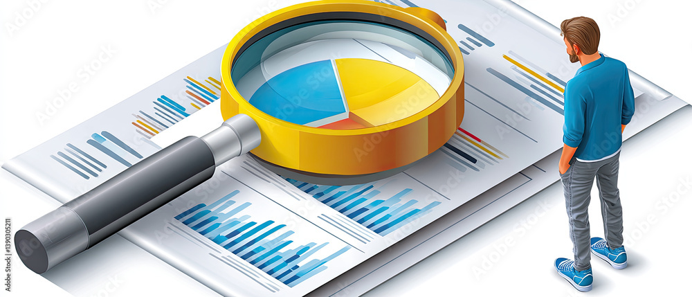 Poster a person examines data and graphs through a magnifying glass, highlighting analysis and insights in 
