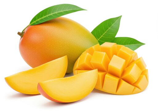 A vibrant still life featuring a whole mango with slices and diced pieces isolated on white background