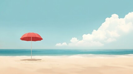 Red beach umbrella on sunny shore.