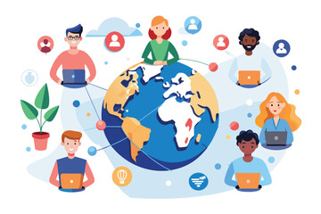 Illustration of a diverse group of people from around the globe, each working on their laptops, connected to a globe in the center.