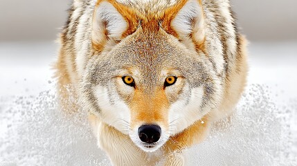 Intense Coyote Running Through Snow