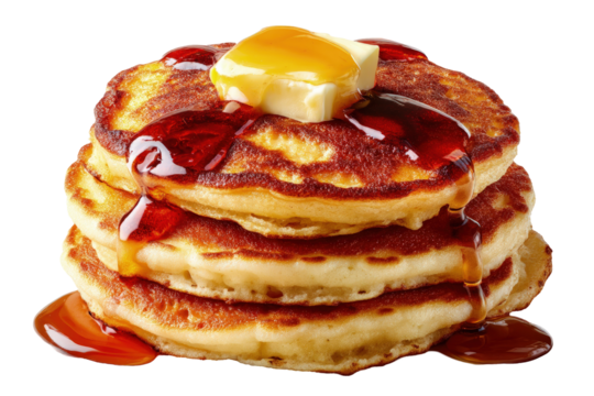 Stacked pancakes with syrup and butter on transparent background (1)
