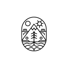Minimalist Nature Icon: Mountain, Tree, Sun, and Water in Oval Frame