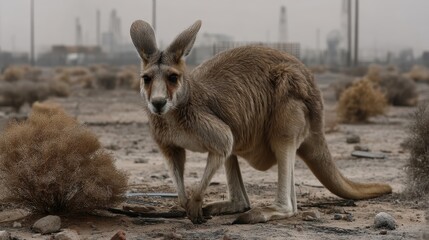 A kangaroo stands in a barren landscape with a dusty, dry background, evoking feelings of survival and resilience in a challenging environment. It's an impressive sight.