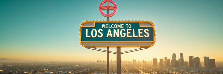 Obraz premium A sign reading Welcome to Los Angeles with the city in the background 