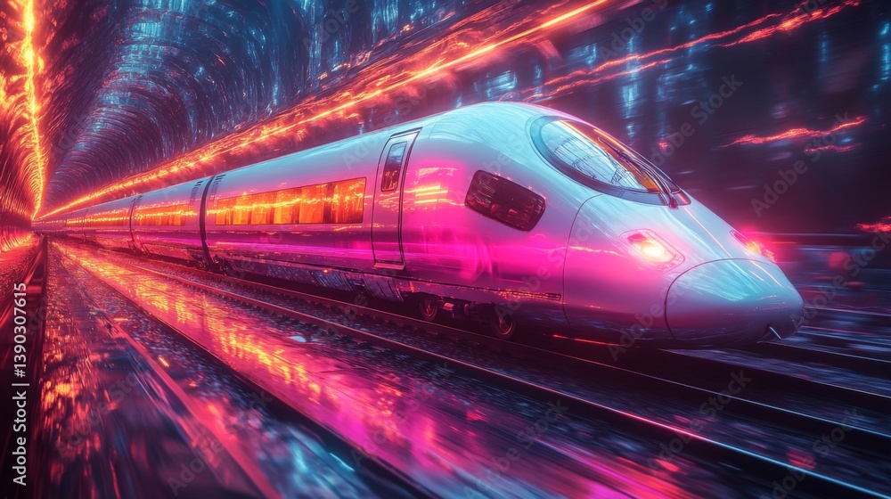 Poster a sleek smart train travels rapidly through a glowing tunnel, illuminated by colorful lights reflect