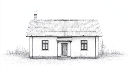 Simple Pencil Sketch of a Small Cottage in a Field