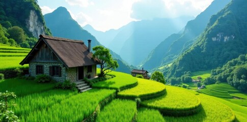 Fototapeta premium Rustic cottage nestled amongst vibrant green rice paddies and towering mountains , sun, field, travel