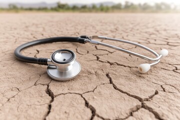 Stethoscope placed on cracked earth symbolizes healthcare challe