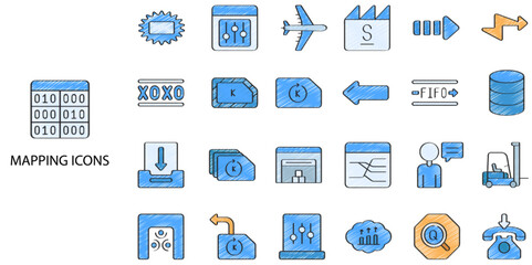 Mapping simple concept 24 hand drawn color icons set. Contains such location, map, direction, address, destination, route .Vector illustration.