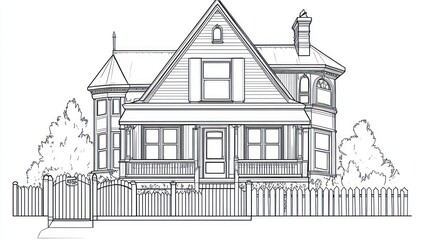 Victorian house drawing, front view, garden, design concept