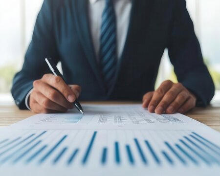 A business executive reviewing green industry reports on renewable energy, planning for future impact and growth