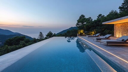 Fototapeta premium Tranquil Infinity Pool Overlooking Serene Mountains and Sunset in Idyllic Luxury Retreat Setting