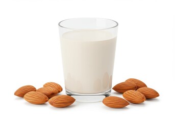 A glass of almond milk surrounded by almonds isolated on white background