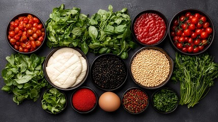 Colorful culinary ingredients arranged on dark surface