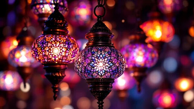 Video featuring a purple Middle Eastern mosaic lamp with an intricate glass pattern and antique bronze coating, producing bright reflections amidst a colorful and beautiful bokeh background