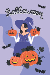 Halloween Poster with Witch Holding Jack-o'-Lanterns in Purple and Orange Flat Style. Vector design template for cards, cover, banner, flyer, web, social media
