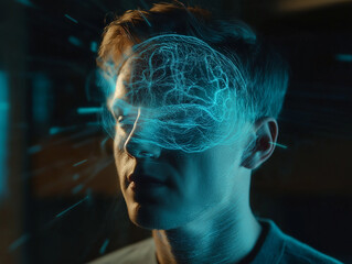 Scientist analyzing holographic projection of human brain in futuristic laboratory