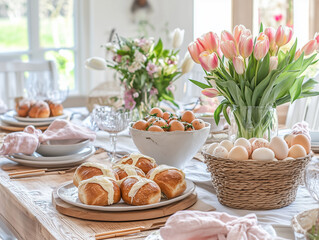Easter table setting decorated with hot cross buns, eggs, and tulips