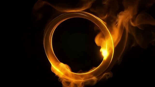 In slow motion, flames and sparks elegantly swirl upward, shaping a captivating ring of fire against a pitch black backdrop. 
