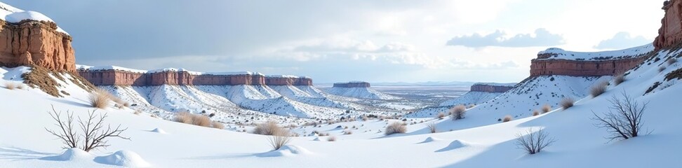 Mesmerizing snowy Badlands landscape with unique rock formations and barren trees,  wilderness,  frozen