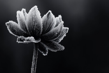 Frozen frost on delicate flower petals, creating a stunning contrast in black and white.