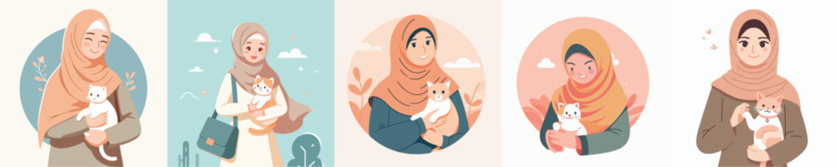 vector of a woman in hijab holding a cat