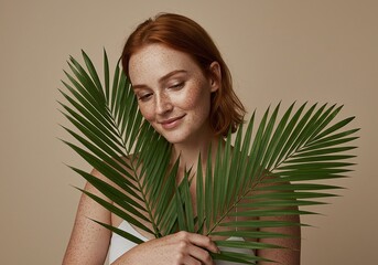 Naklejka premium A beautiful woman tenderly holding green palm leaves, emanating peace and tranquility. Her serene expression is accentuated by the natural background and lush foliage