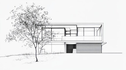 Modern House Architectural Sketch, tranquil tree, exterior view, 3D rendering, blueprint, design