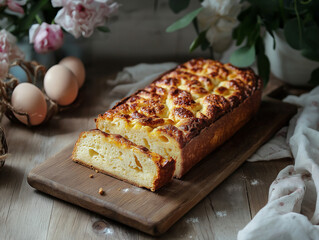 Freshly baked cheese bread on wooden board