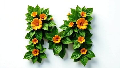 Meticulously crafted letter M composed of lush green leafy plants adorned with vibrant orange and yellow flowers,  alphabet,  nature