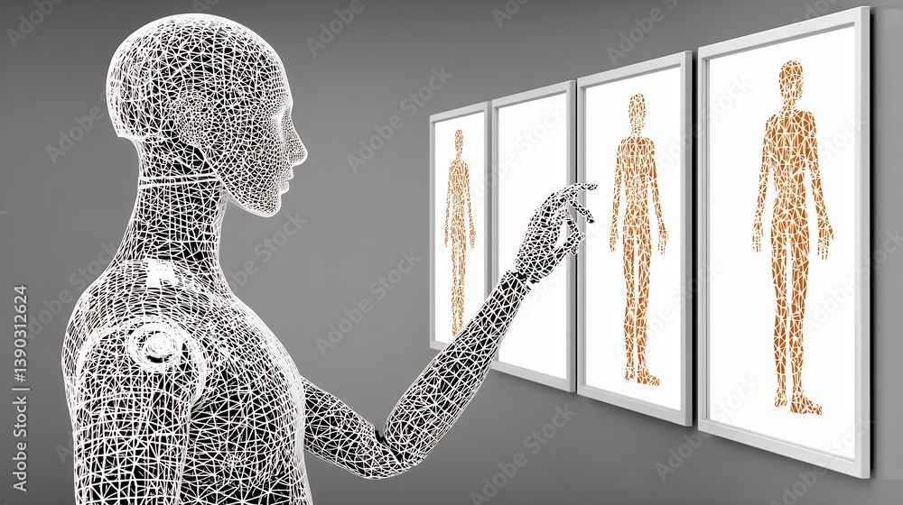 Poster Abstract Data Point Figure Interacting with Framed Images on Gray Background