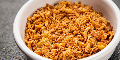 Fried onion crispy onions appetizer vegetables dish fresh delicious gourmet food background on table rustic food top view copy space 