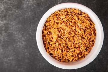 Fried onion crispy onions appetizer vegetables dish fresh delicious gourmet food background on table rustic food top view copy space 