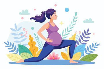 A pregnant woman practices yoga by performing a lunge exercise outdoors. She is wearing comfortable workout clothes and has her hair pulled back in a ponytail.