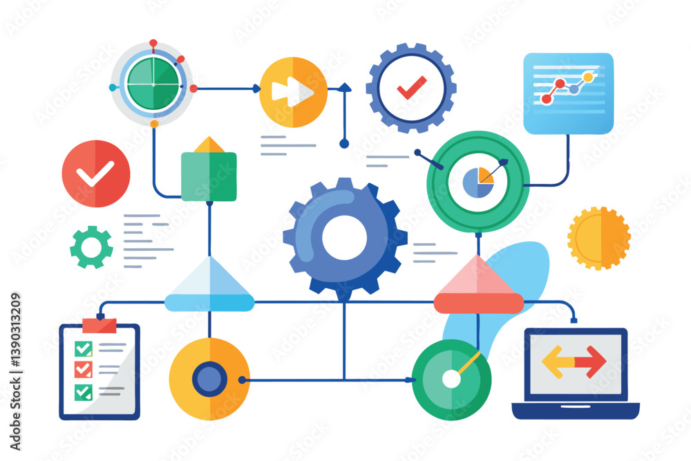Poster a colorful illustration depicting a complex business process workflow diagram with various icons and
