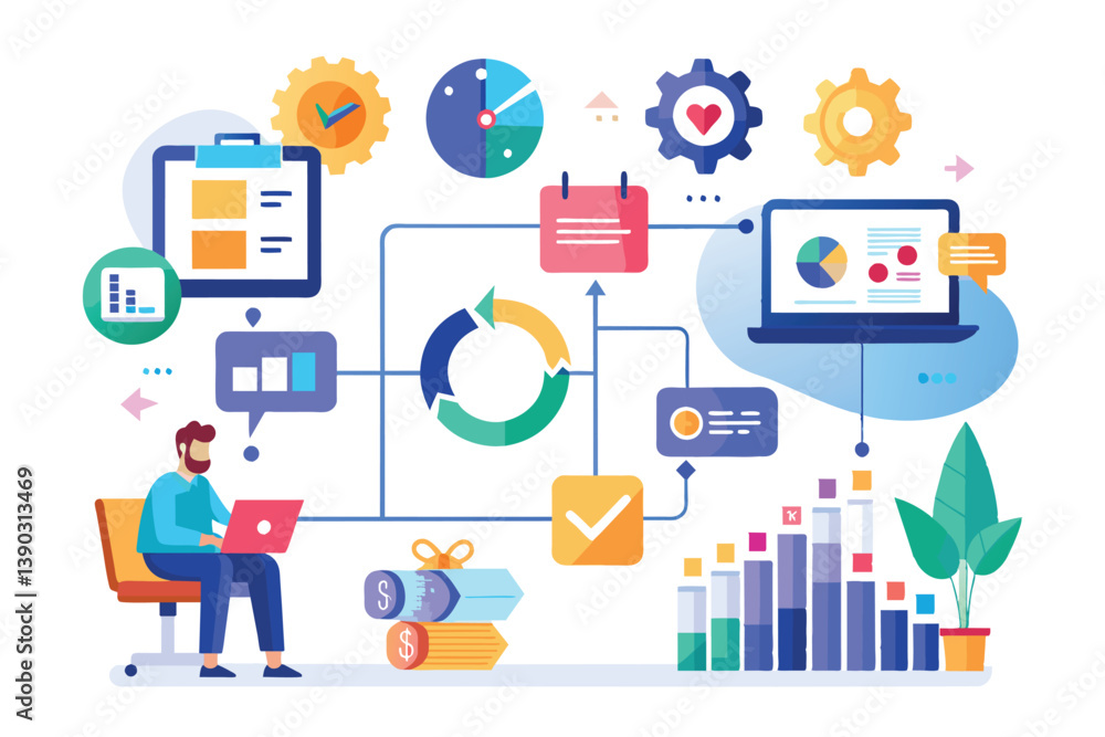 Poster a man sits at a desk, analyzing data and business metrics displayed on a laptop. the illustration fe