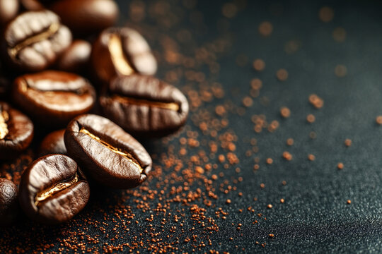 Close-Up of Roasted Coffee Beans with Ground Texture &ndash; Dark Roast Perfection