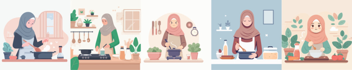 cooking hijab woman vector character