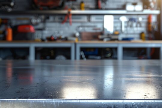 metal blank tabletop with blurred automotive tools and parts in the background suitable for promoting automotive products