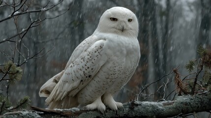 An enchanting snowy owl captures focus as it sits amidst gentle falling snowflakes, showcasing its intricate feather patterns against a beautifully blurred winter landscape.