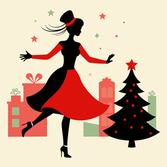 Silhouette vector of a girl dancing at Christmas