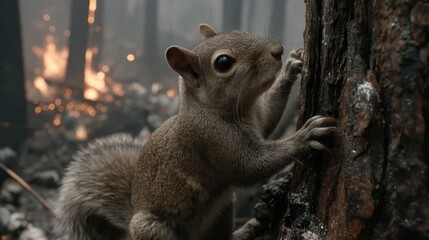 A close-up of a squirrel climbing a charred tree in a smoky landscape, highlighting the impact of wildfire on wildlife and their natural habitat amidst the chaos.