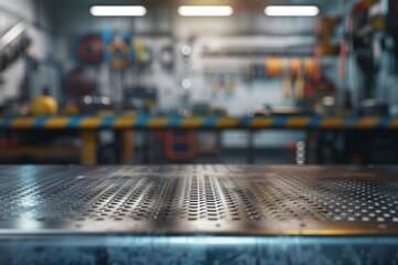 Obraz premium metal blank tabletop with blurred automotive tools and parts in the background suitable for promoting automotive products