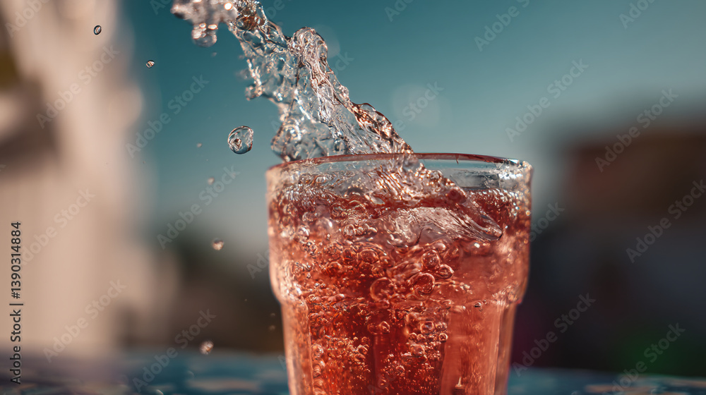 Poster water pouring into a glass filled with a red liquid creating bubbles and splashes in a close up shot