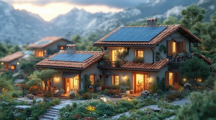 Obraz premium Eco-friendly houses with solar panels, nestled in a mountainside village at sunset