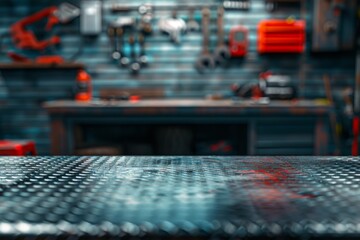 metal blank tabletop with blurred automotive tools and parts in the background suitable for promoting automotive products
