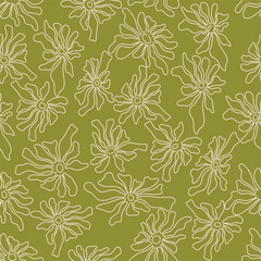 Seamless botanical pattern with outlined flowers on a soft green backdrop. Modern, organic design suitable for textiles and backgrounds. Trendy, minimalist aesthetic.